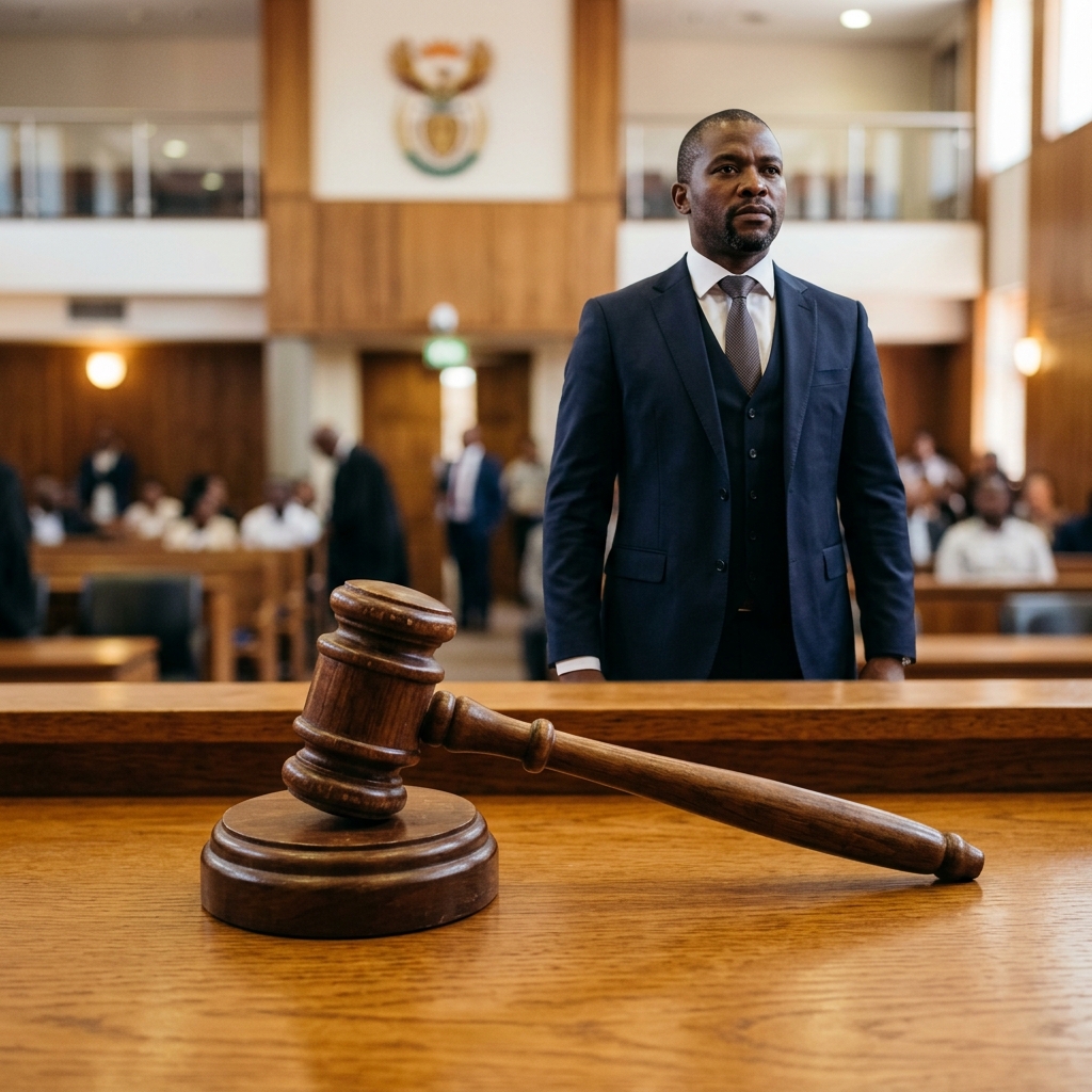 A confident black South African male attorney standing in a modern law office