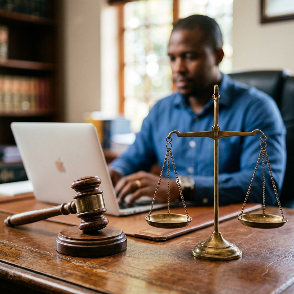 Welcoming South African seasoned woman lawyer in a professional law office setting